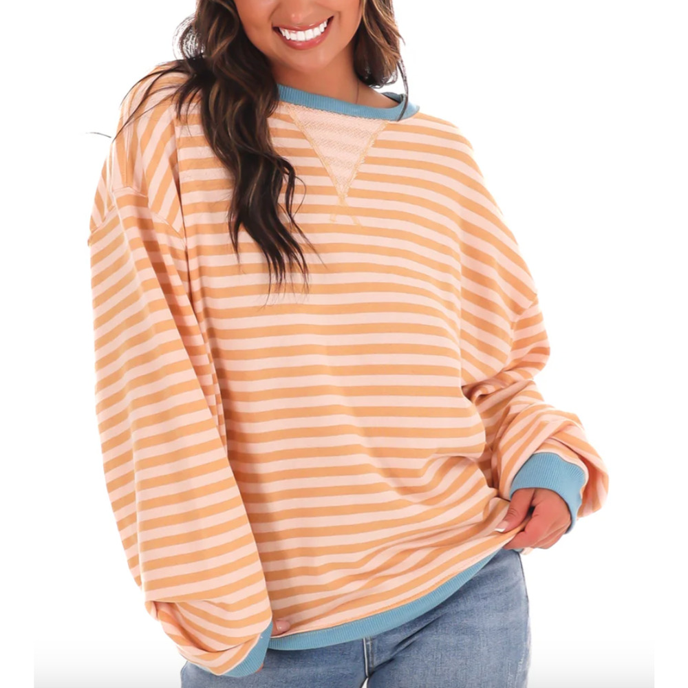 NEW FREE PEOPLE LATTE COMBO CLASSIC STRIPED OVERSIZED CREWNECK SWEATSHIRT SZ L